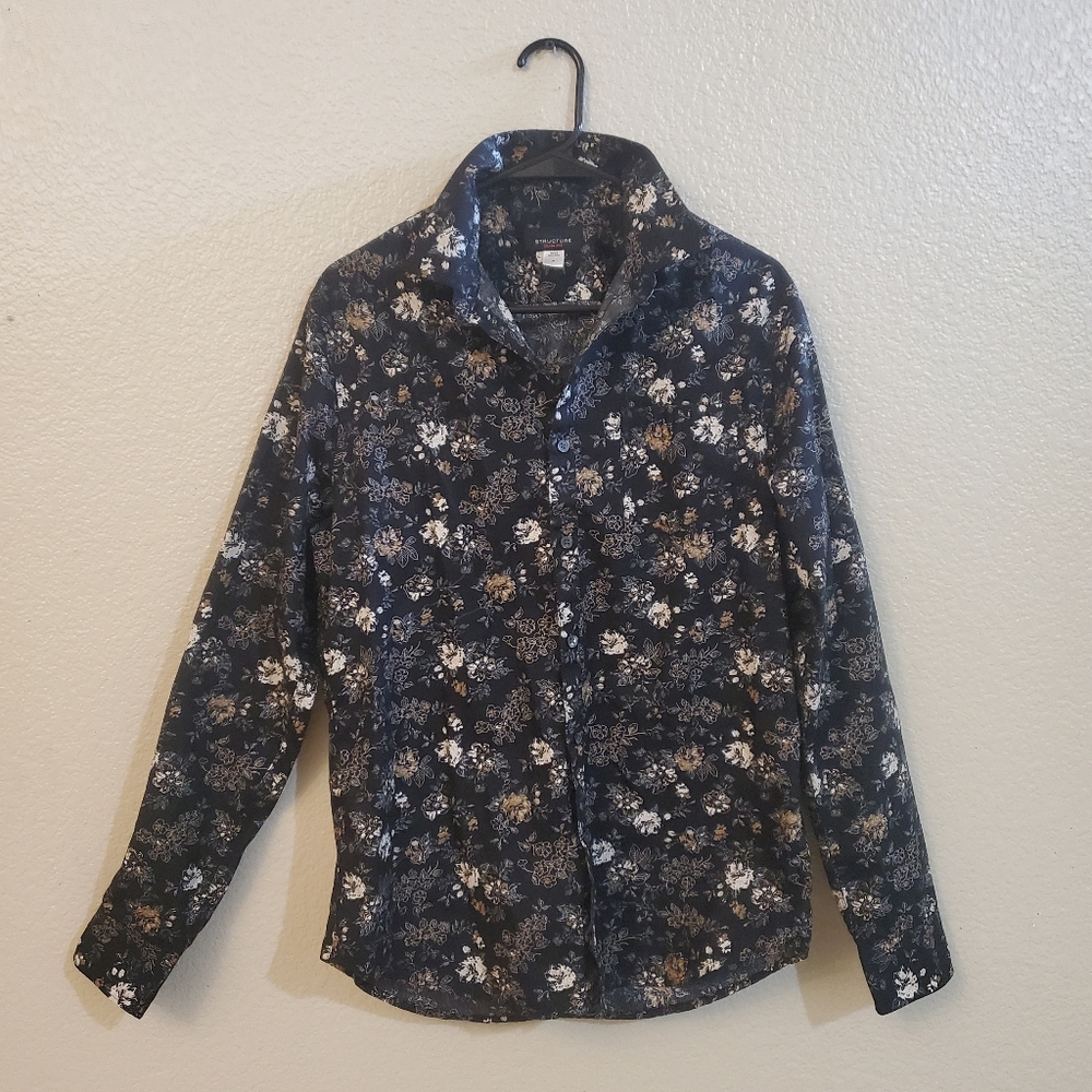 Structure Slim Fit M Black Floral Button Down